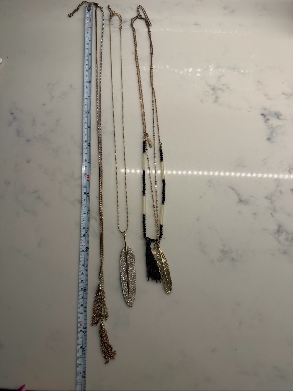 Gold Tone Feather Pendant Layered Necklace with Black Bead Accents